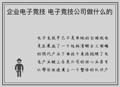 企业电子竞技 电子竞技公司做什么的